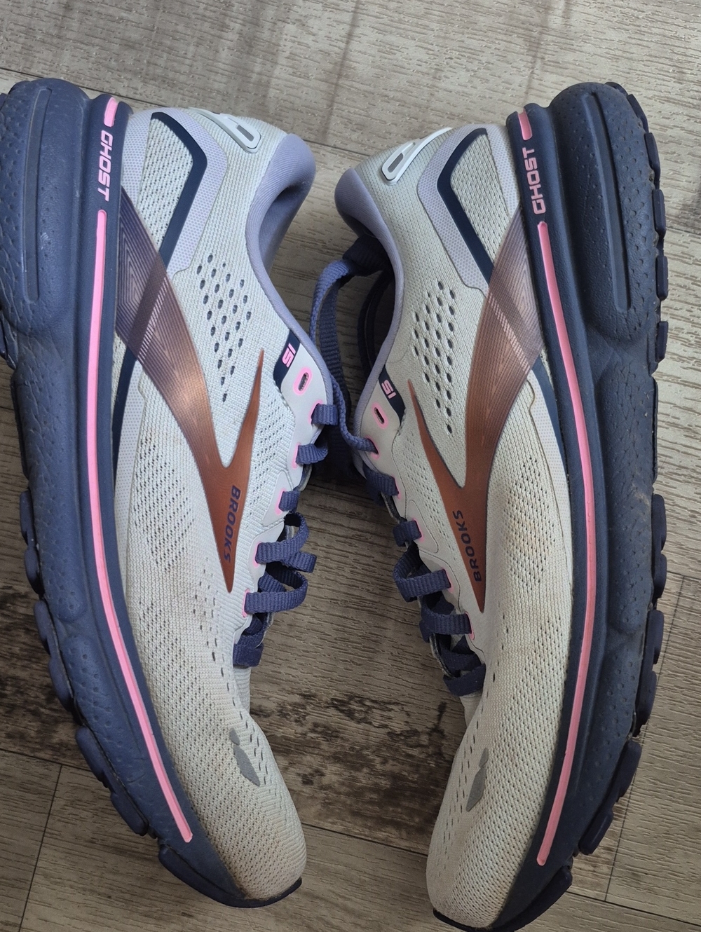 Brooks Women’s Ghost Running Shoes — White with Pink & Navy